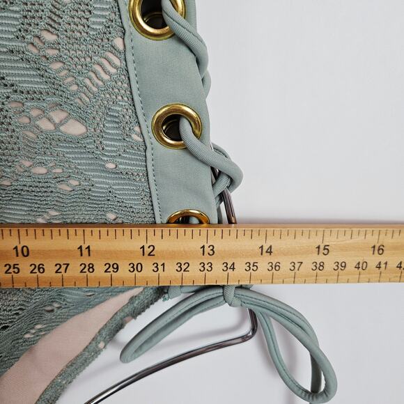 Sage Green Crochet Lace One-Piece Swimsuit Nude Lining Sexy Lace Up Side Medium - Picture 13 of 14